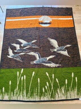 Vintage Biederlack Blanket Geese Flying Reversible Fleece Throw 76x56